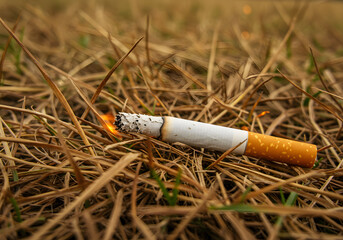 Burning cigarette in dry grass