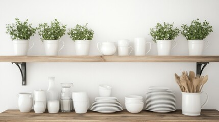 White kitchen tableware and utensils on wooden shelves minimalist home decor