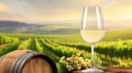 Fototapeta premium A rustic setting featuring a glass of white wine with a green vineyard backdrop and a wooden barrel in the foreground.