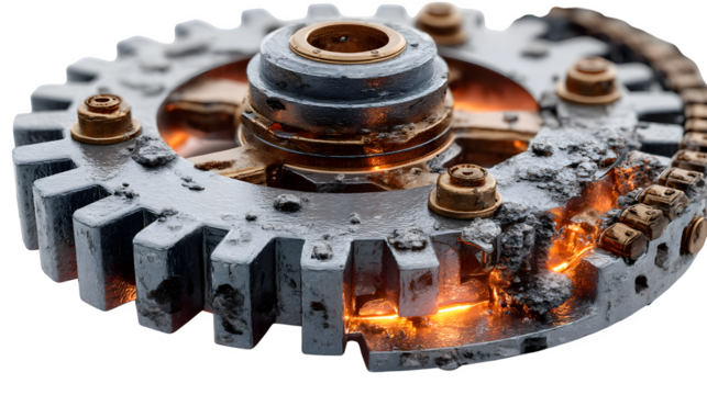 A glowing 3D gear icon with metallic textures, representing machinery and precision, displayed on white --ar 16:9 --v 7.0 --s 750