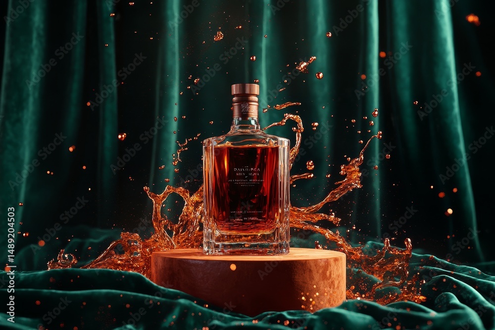 Poster a bottle of amber liquid surrounded by dynamic splashes.