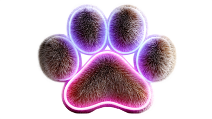 A glowing neon paw print in soft purple tones, celebrating pets and companionship, set against white --ar 16:9 --v 7.0 --s 750