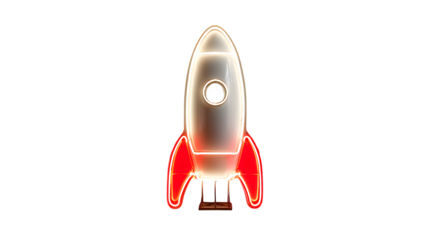 A glowing neon rocket icon in bold red and white, symbolizing space exploration and ambition, placed on white --ar 16:9 --v 7.0 --s 750