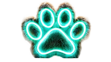 A glowing neon paw print in teal tones, celebrating pets and companionship, set against white --ar 16:9 --v 7.0 --s 750