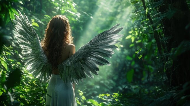 Woman with silver wings in a green forest mystical fantasy nature scene