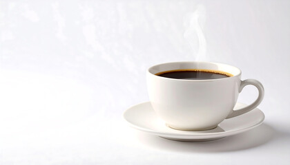 A minimalist white cup filled with steaming black coffee, perfect for showcasing beverage concepts or cozy moments. transparent background