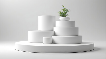 Minimalist White Cylindrical Display Stand with Greenery Product Photography Mockup
