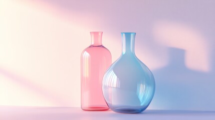 Pink and blue glass vases, sunlight, minimalist background, home decor