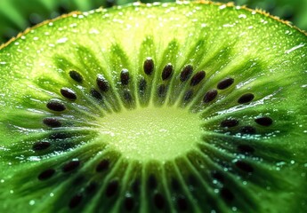 Close-up of a fresh green kiwi slice with visible seeds and sparkling moisture conveying freshness and juiciness