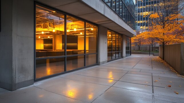 A well-lit small office building with a contemporary design, featuring concrete walls and large windows reflecting the surrounding city environment.