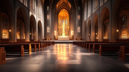 Fototapeta premium A wide-angle view of a cathedrals grand altar, with rows of pews leading up to a majestic focal point.