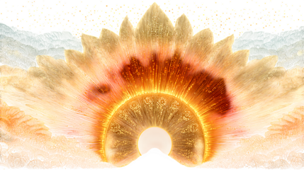 A glowing neon sunburst icon in warm gold and orange tones, symbolizing vitality and energy, displayed on white --ar 16:9 --v 7.0 --s 750