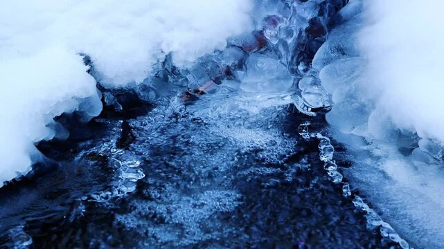 한국의 아름다운 겨울 계곡 풍경과 차분한 물소리 ASMR. 눈 쌓인 설산과 얼음 조작 작품. 겨울이 만든 신비로운 자연. 고품질 스테레오사운드