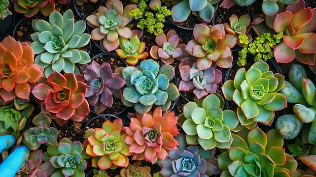 Overhead View of Colorful Succulents in Pots Vibrant Garden Plants Collection