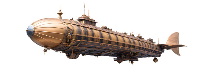 A detailed depiction of a large, intricate submarine showcases a steampunk design with numerous details and brass elements. 
