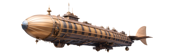 A detailed depiction of a large, intricate submarine showcases a steampunk design with numerous details and brass elements. 