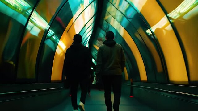Illuminated Cyan and Gold Tunnel Abstract Perspective with Silhouetted Figures Walking
