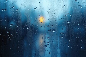 Close-up view of water droplets and condensation on a glass surface with a blurred yellow light and blue background creating a calm, moody atmosphere