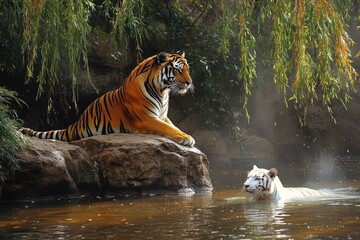 A vibrant orange tiger lying on a rock under hanging branches looks calmly at a white tiger swimming in a sunlit forest pond