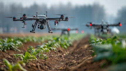 Agricultural drones surveying crops in a field