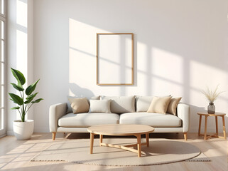 scandinavian living room with beige sofa, empty frame mockup, monstera plant, and round table in warm natural light