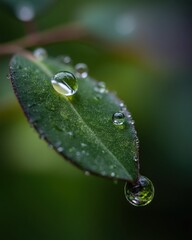 Close-up of glistening water droplets on a vibrant green leaf, a testament to nature's delicate beauty