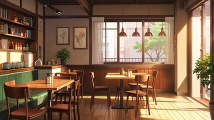 Anime café-style home dining area, 3D render, vintage-modern mix, cozy corner seating, warm tones
