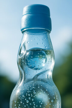 Close-up of Japanese Ramune soda bottle with glass marble and condensation