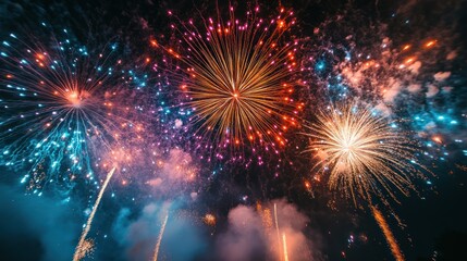 Vibrant fireworks illuminate a dark night sky creating a festive atmosphere
