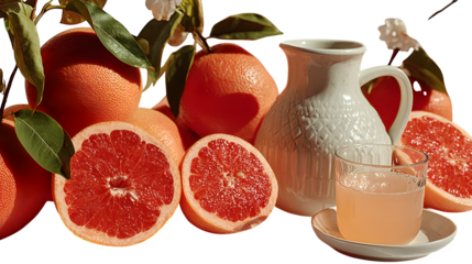 A minimalist white pitcher filled with fresh grapefruit juice, ideal for healthy lifestyle visuals, displayed on white --ar 16:9 --v 7.0 --s 750
