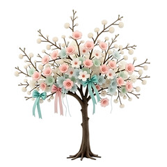 Obraz premium Enchanting Blossom Tree, A Symphony of Pastel Flowers and Delicate Ribbons on a Sculptural Decorative Piece