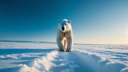 Polar Bear Walking Through Snow in Arctic Landscape Under Blue Sky