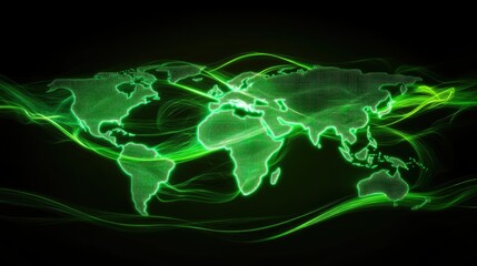 Obraz premium A glowing green map of the world over a dark background, illustrating global connectivity with flowing lines symbolizing communication and travel across continents
