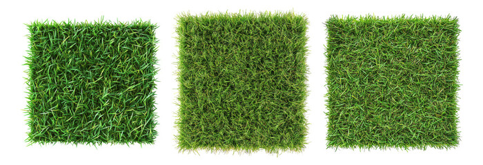 Three Varieties of Artificial Grass Turf for Landscaping Projects, Isolated on Transparent, white background