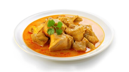 full plate of chicken curry on isolated white background 