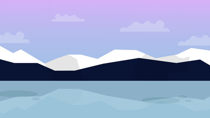 Snowy Mountains and Lake at Dusk – Minimal Flat Vector Landscape
