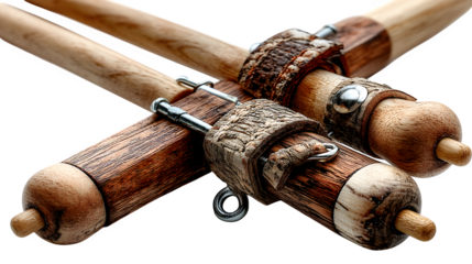 A pair of crossed wooden drumsticks viewed from above, ideal for music-themed designs, isolated on white --ar 16:9 --v 7.0 --s 750