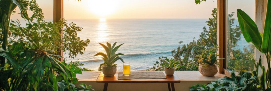 Cozy summer balcony with ocean view, lush plants, and refreshing lemonade at golden hour