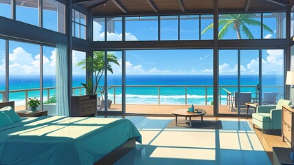 Fototapeta premium Anime beach house bedroom, ocean view, airy and bright, surf decor, 3D render