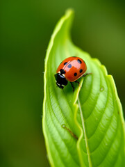 Fototapeta premium Little ladybug sits on a green leaf
