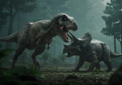 Dinosaur fight scene in forest
