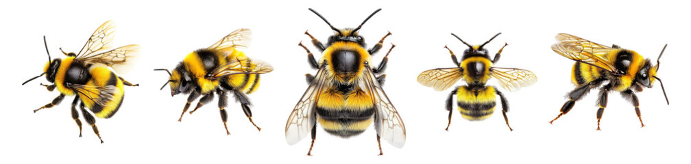 Close-Up of Various Bumblebee Species in Natural Colors and Detail, Isolated on Transparent, white background