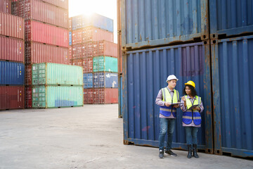 Fototapeta premium Businesswoman and logistic or shipyard engineer have a discussion or business due at container yard.