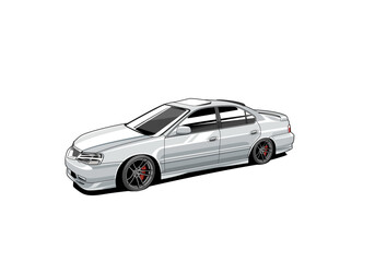 White Modified Sedan Illustration – JDM Inspired Street Car