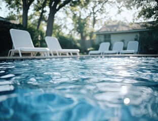 Serene poolside scene with sun-dappled water