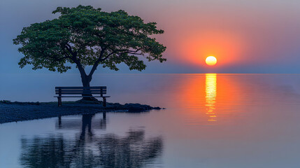 Scenic dawn view of tranquil lake reflecting the sun, tree and empty bench