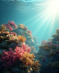 Naklejka premium Underwater, a scuba diver explores the colorful coral reef with fish in the deep blue Red Sea