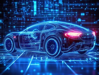 futuristic digital blue neon hologram of a sports car surrounded by glowing circuitry and data lines