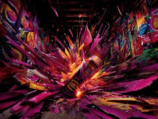 Fototapeta premium Colorful explosion of paint can in urban environment abstract art vivid colors dynamic viewpoint