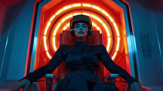 Woman in brainwashing machine with flashing lights